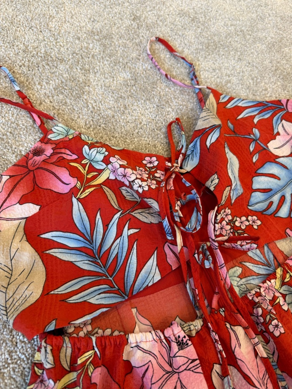 Forever 21 Tropical Floral Cutout Dress Size L Lace Up Front Ruffle Hem - Picture 2 of 6